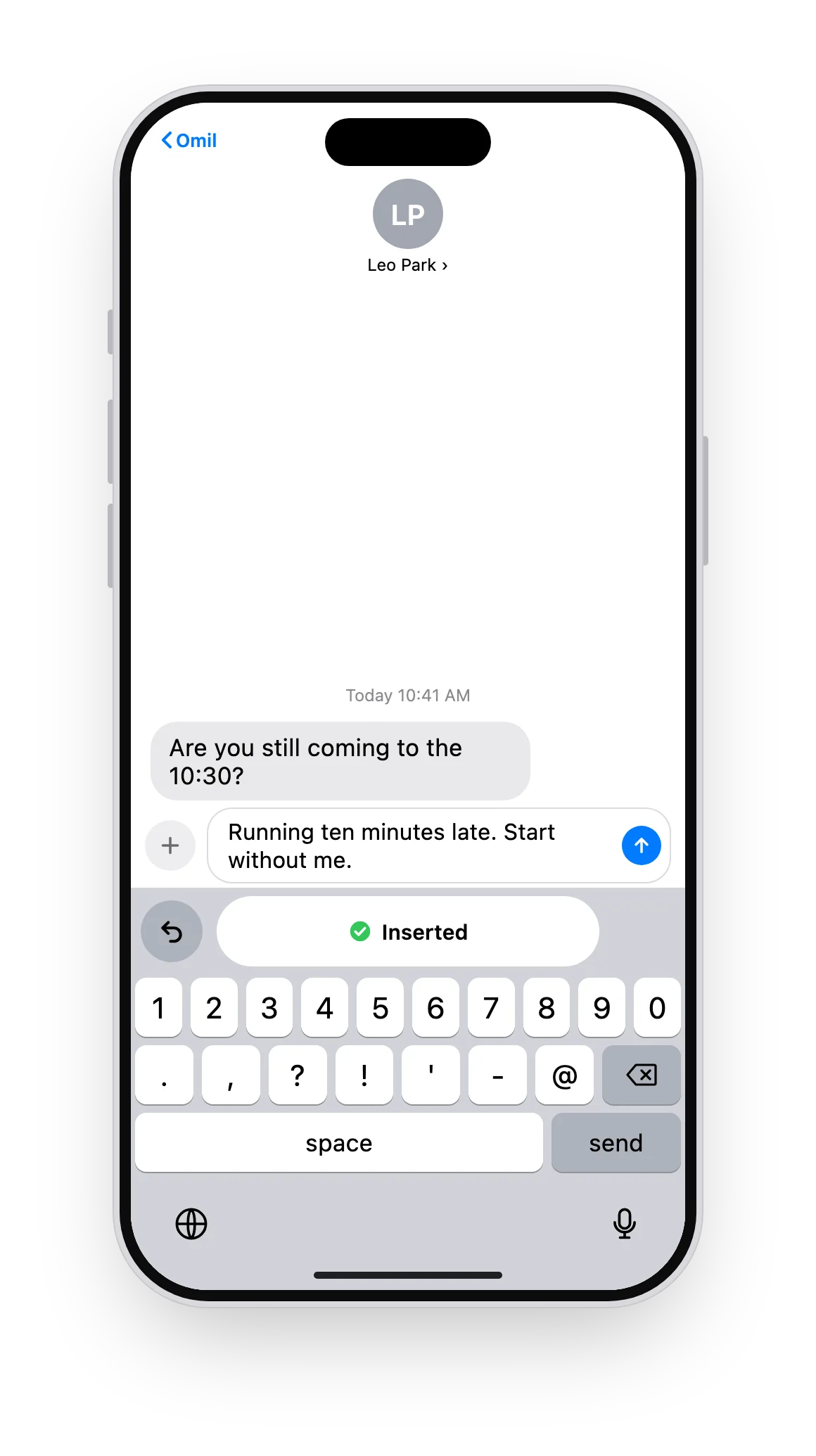 The Omil keyboard on iPhone after inserting a dictated message in Messages